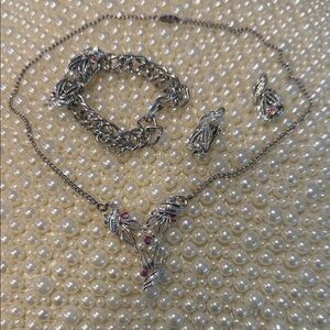 Vintage 4 piece Jewelry set 1960s Silver , pearl and garnet rhinestones